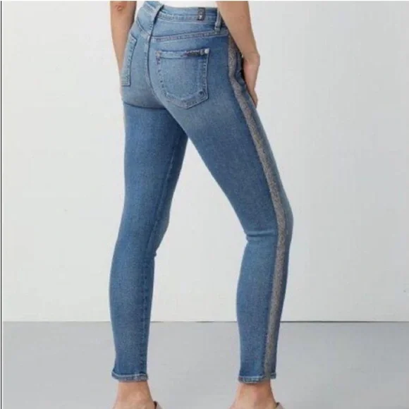 7 For All Mankind The High Waist Ankle Skinny Silver Stripe Blue Women 30 Jeans